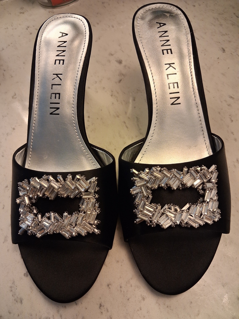 Anne Klein Black Satin Slide Mules with Crystal Buckle